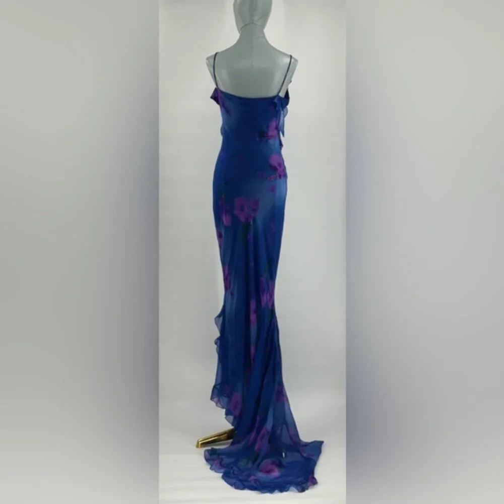 🆕 RAT & BOA 🧿 NWOT Sorrento Chiffon Maxi Dress with Train, Blue Floral - Sz XL
